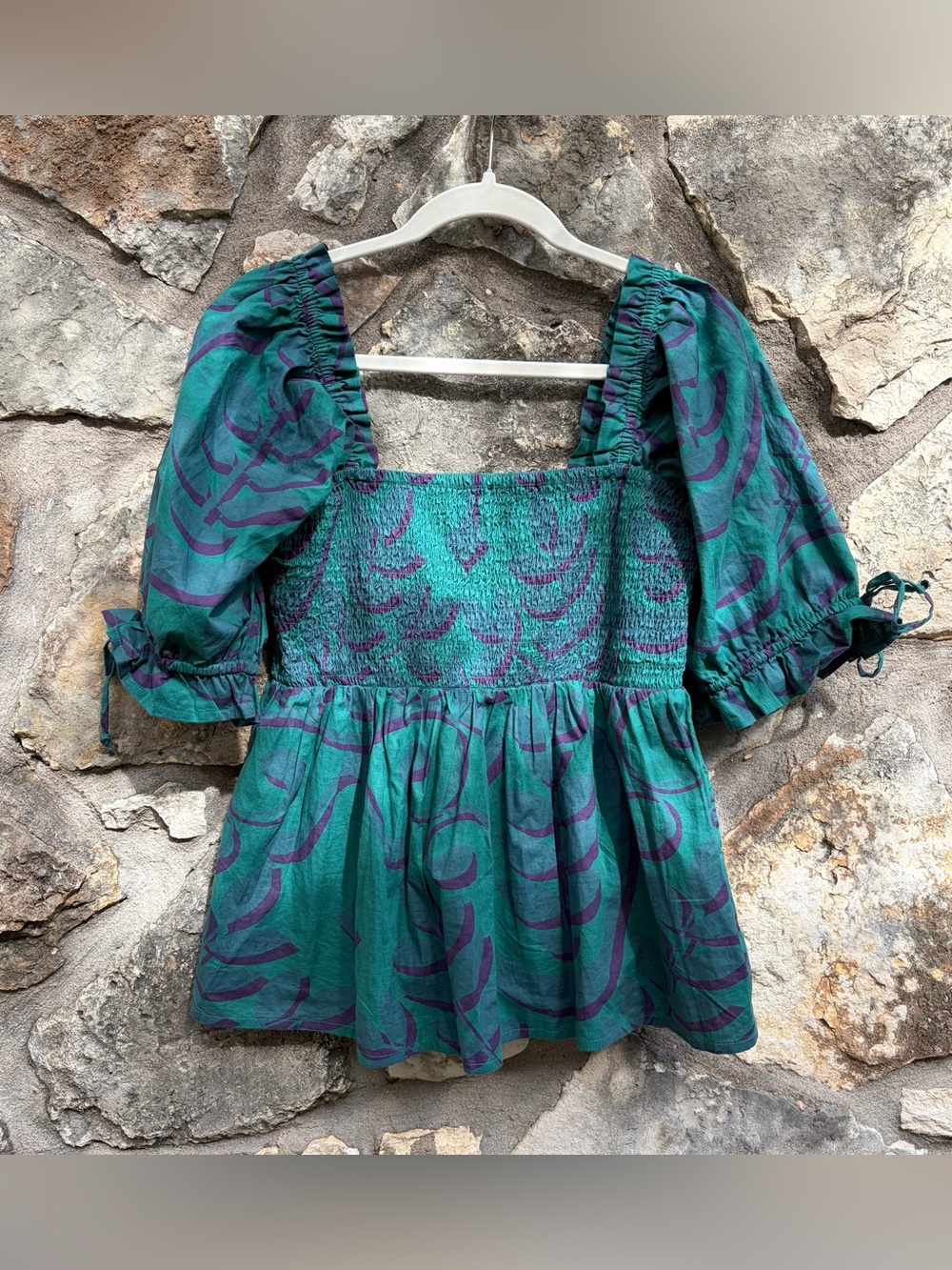 Anthropologie PORRIDGE geo palm green smocked peplum puff sleeve top MEDIUM